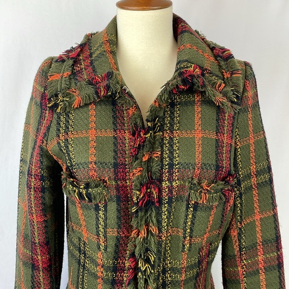 Gorgeous & Unique Vintage Olive Plaid One-of-a-Kind Jacket w/Frayed Hems -Size 6 - Picture 2 of 16